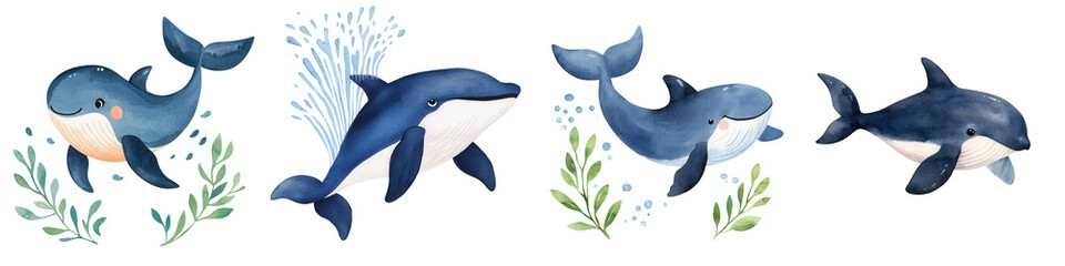Obraz premium Smiling baby whales swimming with water splashes and sea plants, isolated on transparent background.