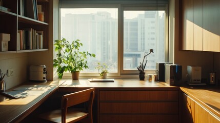 Modern kitchen interior with a sleek wooden desk by a large window, natural light streaming in, and wooden cabinets complementing minimalist decor