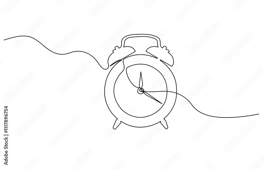Poster continuous one line drawing of vintage alarm clock vector design, clock drawn symbol. one line art c