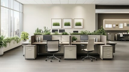 Modern office design featuring neutral tones, greenery accents, and a functional layout that blends professionalism with style