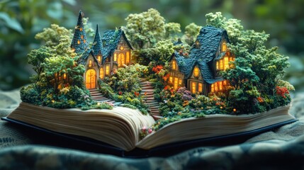 Fototapeta premium magical book opens to reveal illuminated houses amidst lush greenery 
