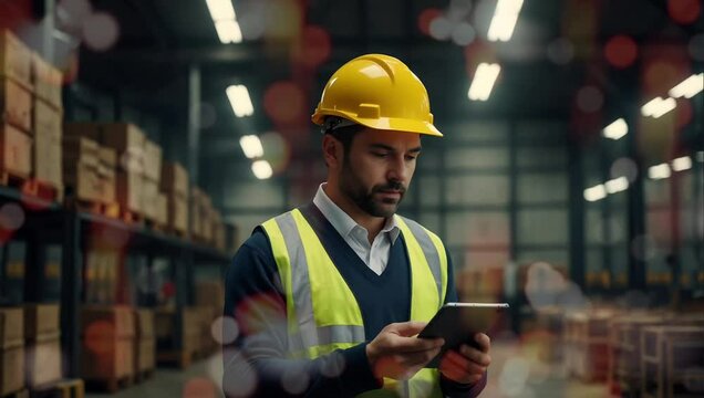 A worker holds a pad inside an industrial factory warehouse. Seamless 4K looping timelapse video animation background