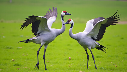 Fototapeta premium Close-up of two cranes interacting with each other, slightly spreading their wings while standing on a green grassy plain