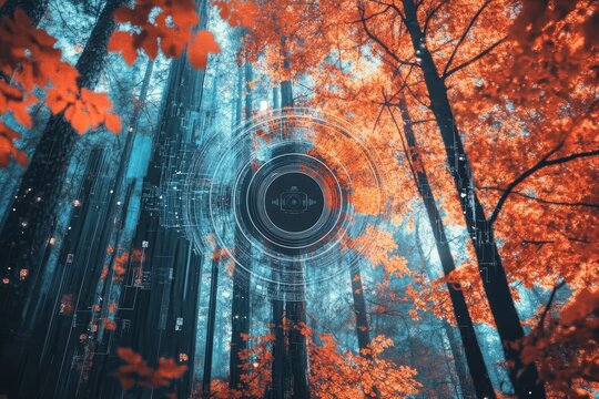 Exploring nature through technology  an ai camera in a vibrant autumn forest landscape