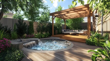 Modern urban backyard featuring a compact plunge pool with a cascading water feature, wooden decking, and a stylish pergola