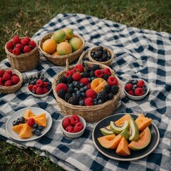 A picnic setup with fresh berries and melon slices on a checkered blanket.