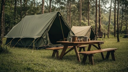 A serene camping scene with tents and a picnic table in a forested area.