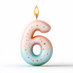 Happy Birthday burning candle in the form of number 6 isolated on white background
