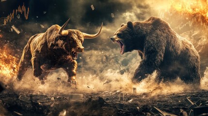 Bull and bear clash in a dramatic, fiery landscape 