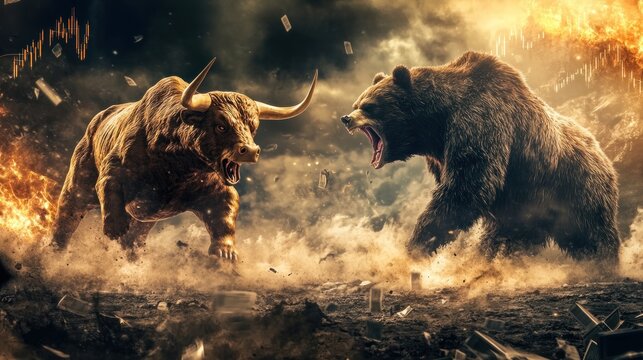 Bull and bear clash in a dramatic, fiery landscape 