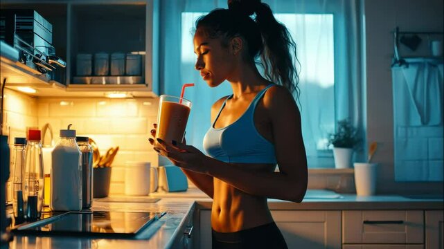 Woman preparing protein shake. Selective focus