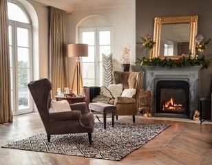 Sophisticated living room interior with a classic fireplace inviting armchair and stylish sofa decor