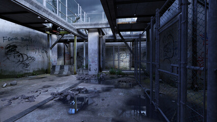 Betonwände mit Drahgitterzaun in einer verfallenen Fabrikanlage