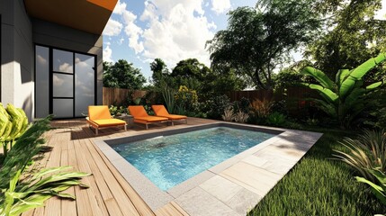 Small backyard retreat with a rectangular plunge pool, warm timber decking, and colorful lounge chairs under a bright sky