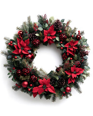 Beautiful Christmas wreath adorned with red flowers and ornaments.