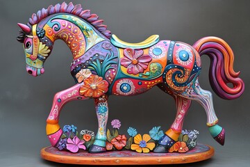 Obraz premium A vibrant, decorative horse sculpture adorned with colorful floral patterns.