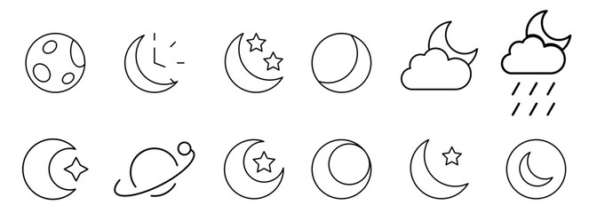 Moon icon outline collection or set in black and white. vector. editable