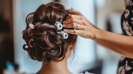 Fototapeta premium A woman getting her hair styled in a salon.