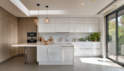 Fototapeta premium Elegant white kitchen showcasing modern appliances and neutral decor for a functional and stylish atmosphere