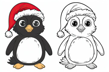 Fototapeta premium Black-and-white Christmas coloring page and its vibrant colored version for kids