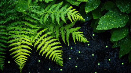 Fototapeta premium Vibrant green ferns with droplets on leaves in lush, dark soil backdrop.