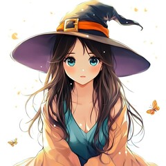 Cute anime girl in a witch hat and a magical robe on a white background