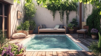 Sunlit city backyard with a compact plunge pool, smooth wooden deck, potted plants, and cozy seating for relaxation