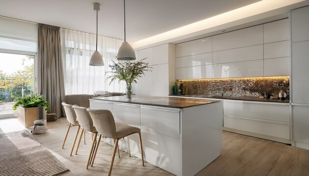 Bright white kitchen featuring large windows and neutral accents for a cheerful and inviting atmosphere