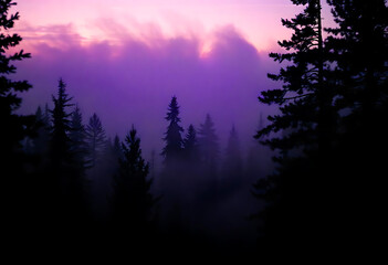 Fototapeta premium Misty landscape with fir forest in hipster vintage retro style