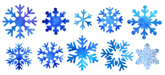 Set of blue watercolor snowflakes isolated on a white background. Winter Christmas decor.