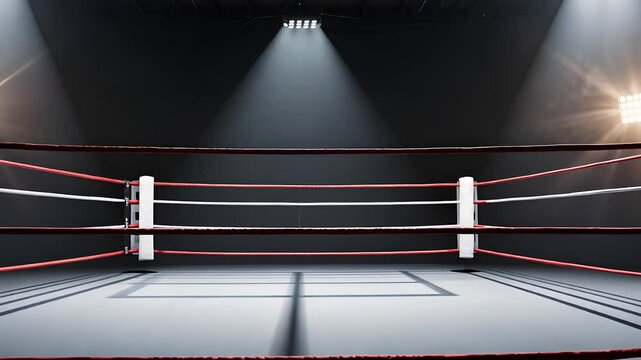 Empty Boxing Ring Under Dramatic Spotlight in a Dark Arena

