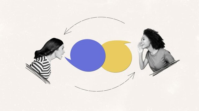 Motion creative art poster collage video of happy american slavic girls talk chatterbox dialogue communication gossip