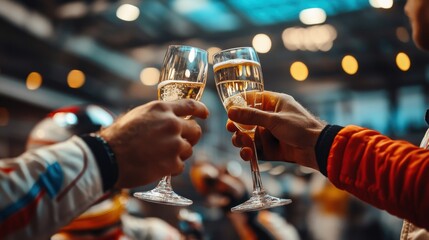 Two hands of racers clink glasses of champagne in celebration of Formula 1 victory, capturing excitement and camaraderie of sport.