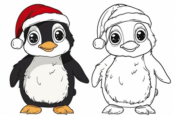 Fototapeta premium Black-and-white Christmas coloring page and its vibrant colored version for kids