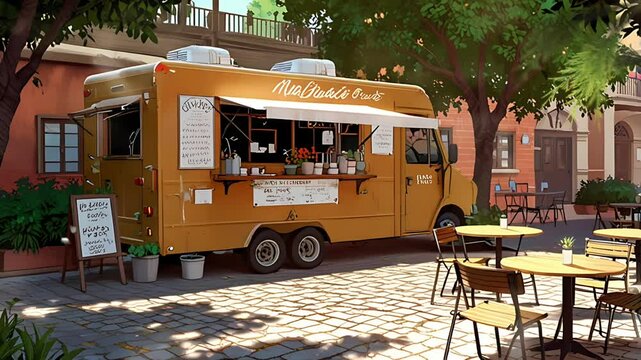 A food truck is under the tree and there are chairs and tables. Seamless 4K looping timelapse video animation background