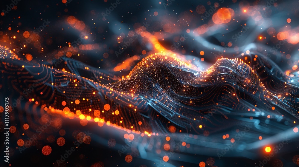 Poster abstract wave with moving dots and lines. flow of particles, technology background.