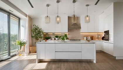 Fototapeta premium Elegant white kitchen with spacious layout and modern appliances for a functional cooking experience