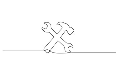 One line drawing of hammer and wrench tools, Adjustable wrench and hammer continuous one line drawing vector illustration, Hammer and wrench single line art, continuous one line drawing of Isolated .