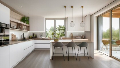 Bright white and neutral kitchen with large island and stylish bar stools for casual dining experiences