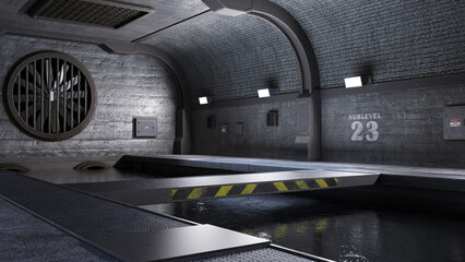 Wasserbecke, L&uuml;ftungsanlage und Rohre in einer unterirdischen Kanalisation