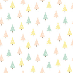 Seamless Christmas pattern with doodle pine fir trees in pastel pink yellow blue colors on white background. Elegant botanical print in Scandinavian style for holiday product design