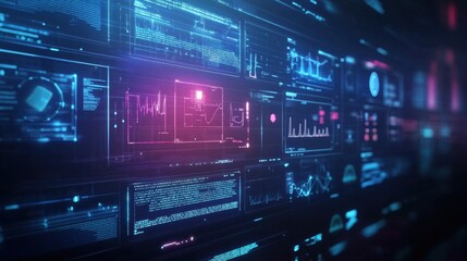 Obraz premium Futuristic Digital Interface Data Visualization: Advanced Technology Dashboard Displaying Realtime Information and Complex Network Systems