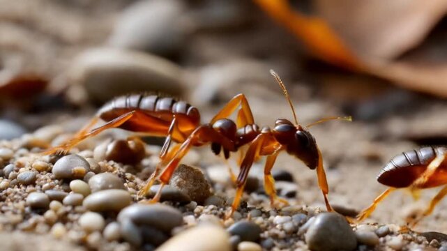 Capture the fascinating world of ants with an ultra-detailed, close-up shot in 4K resolution, showcasing the intricate movements and behaviors of these industrious insects. The ants march purposefully