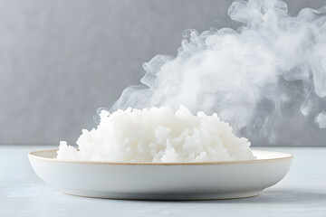 Hot cooked rice in bowl on white background. Cooked rice with steam