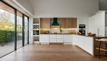 Fototapeta premium Bright white kitchen featuring large windows and neutral accents for a cheerful and inviting atmosphere