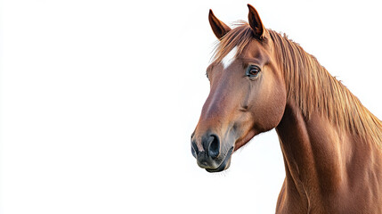 Fototapeta premium Majestic brown horse with a white star marking on its forehead, standing against a plain white background, showcasing its powerful and graceful form.