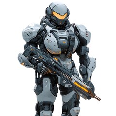 Gaming character with advanced robotic armor and a plasma rifle on a white background