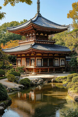 Naklejka premium A pagoda in the middle of a pond surrounded by trees