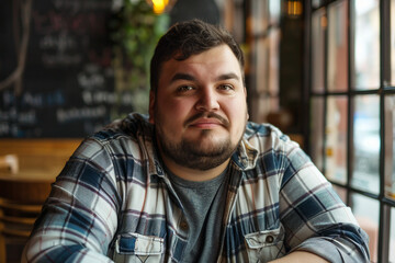 Obraz premium Picture of overweight mature man sitting in cafe ai generative design