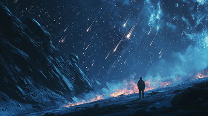 Obraz premium Cosmic wonder where a lone figure observes shooting stars in a dark, mystical landscape